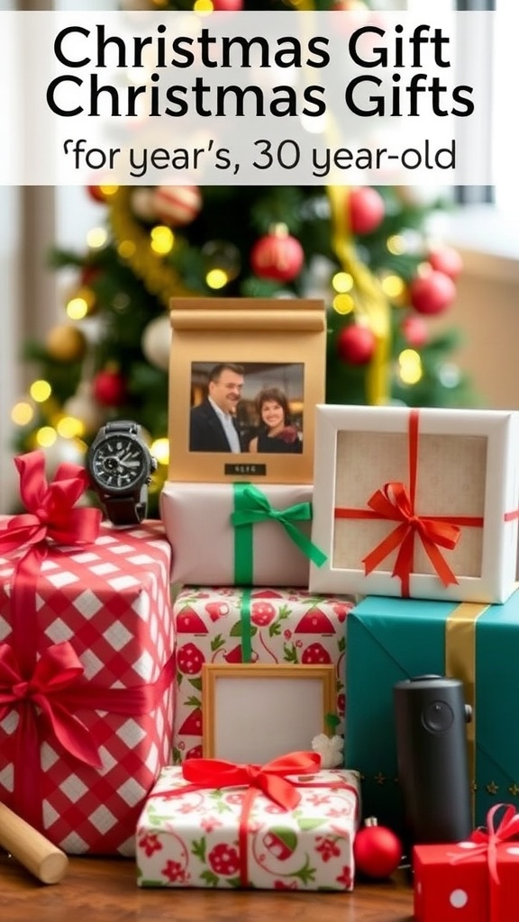 A collection of Christmas gifts for a 30-year-old, including a watch, coffee set, photo frame, and tech gadget, wrapped in festive paper.
